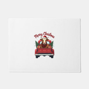 Vintage Merry Christmas Highland Cow Red Truck Hol Doormat