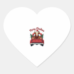 Vintage Merry Christmas Highland Cow Red Truck Hol Heart Sticker