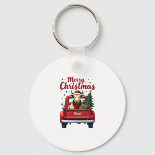 Vintage Merry Christmas Highland Cow Red Truck Hol Key Ring