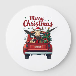 Vintage Merry Christmas Highland Cow Red Truck Hol Large Clock