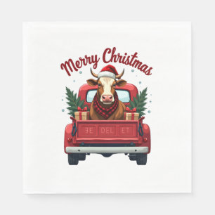 Vintage Merry Christmas Highland Cow Red Truck Hol Napkin