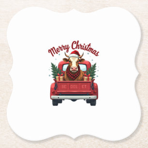 Vintage Merry Christmas Highland Cow Red Truck Hol Paper Coaster