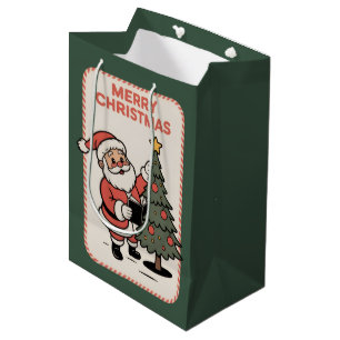 Vintage Merry Christmas Holiday Santa Reading Medium Gift Bag