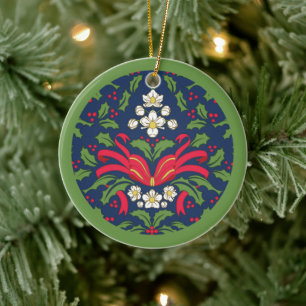 Vintage Merry Christmas, Holly Leaves, Tied Bow Ceramic Ornament