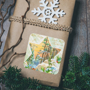 Vintage Merry Christmas Holly Red Berries Festive Square Sticker