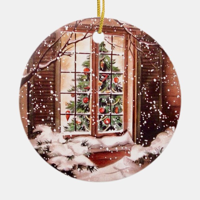 Vintage Merry Christmas House Ceramic Ornament (Front)