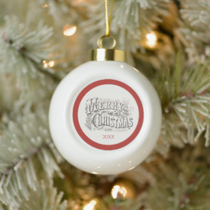 Vintage Merry Christmas Illustration Ceramic Ball Christmas Ornament