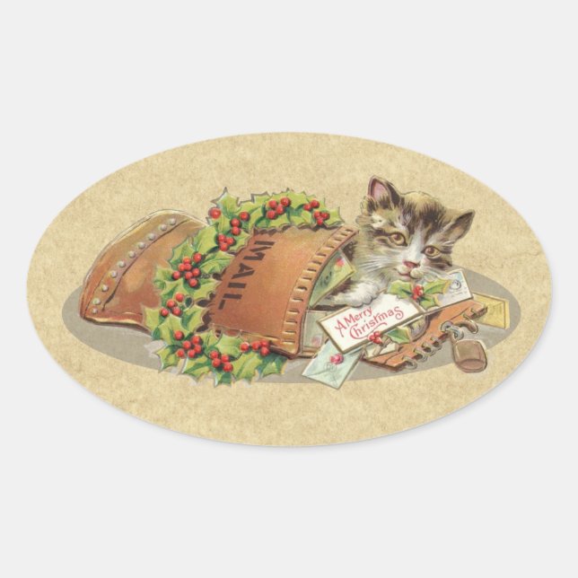 Vintage Merry Christmas Mail Cat Oval Sticker (Front)