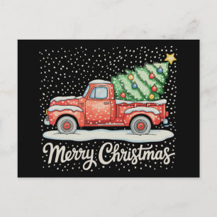 Vintage Merry Christmas Old Fashioned Red Truck Holiday Postcard
