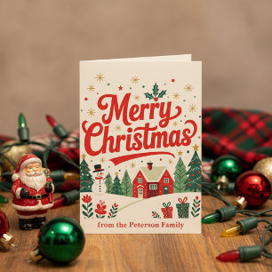 Vintage Merry Christmas Red House Snowman Family Card