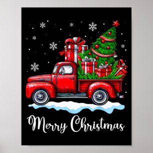 Vintage Merry Christmas Red Truck Funny Xmas Tree  Poster