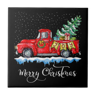 Vintage Merry Christmas Red Truck Old Fashioned Ch Ceramic Tile