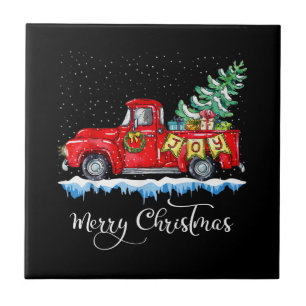 Vintage Merry Christmas Red Truck Old Fashioned Ch Ceramic Tile