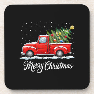 Vintage Merry Christmas Red Truck Old Fashioned Ch Coaster