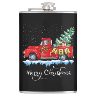 Vintage Merry Christmas Red Truck Old Fashioned Ch Hip Flask