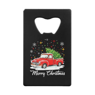 Vintage Merry Christmas Red Truck Santa Tree Famil