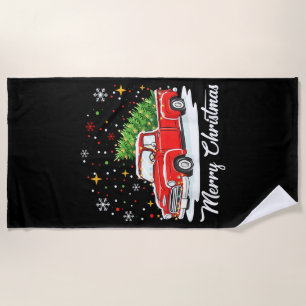 Vintage Merry Christmas Red Truck Santa Tree Famil Beach Towel
