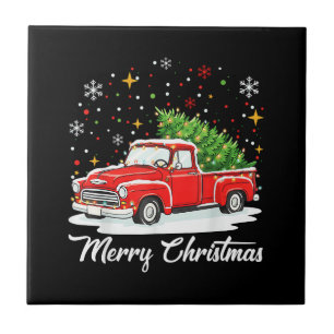 Vintage Merry Christmas Red Truck Santa Tree Famil Ceramic Tile