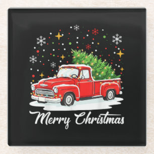 Vintage Merry Christmas Red Truck Santa Tree Famil Glass Coaster