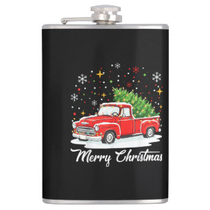 Vintage Merry Christmas Red Truck Santa Tree Famil Hip Flask