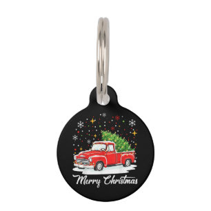 Vintage Merry Christmas Red Truck Santa Tree Famil Pet Tag