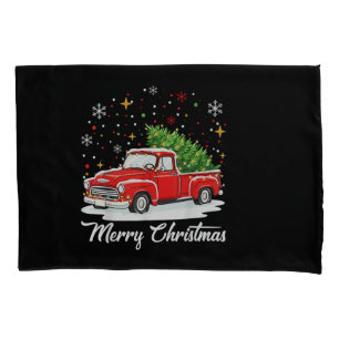 Vintage Merry Christmas Red Truck Santa Tree Famil Pillowcase