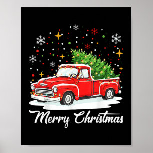 Vintage Merry Christmas Red Truck Santa Tree Famil Poster