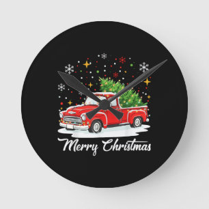 Vintage Merry Christmas Red Truck Santa Tree Famil Round Clock