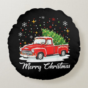 Vintage Merry Christmas Red Truck Santa Tree Famil Round Cushion