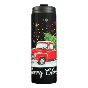 Vintage Merry Christmas Red Truck Santa Tree Famil Thermal Tumbler