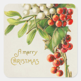 Vintage Merry Christmas Red & White Holly Berries Square Sticker