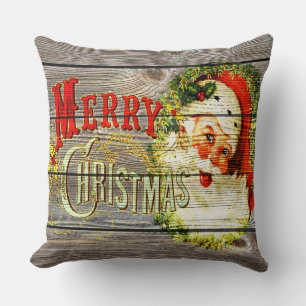 Vintage Merry Christmas & Santa on Rustic old Wood Cushion