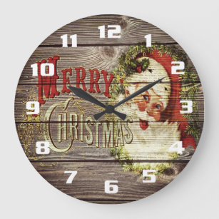 Vintage Merry Christmas & Santa on Rustic old Wood Large Clock