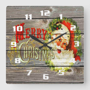 Vintage Merry Christmas & Santa on Rustic old Wood Square Wall Clock