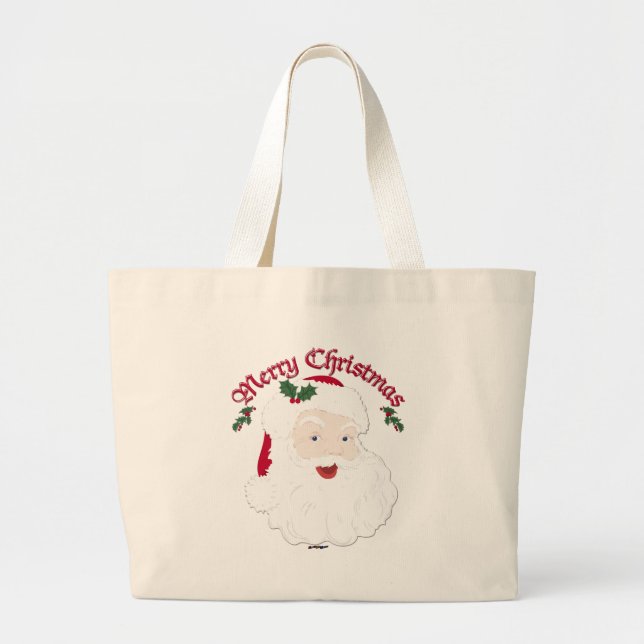 Vintage Merry Christmas Santa - script Large Tote Bag (Front)
