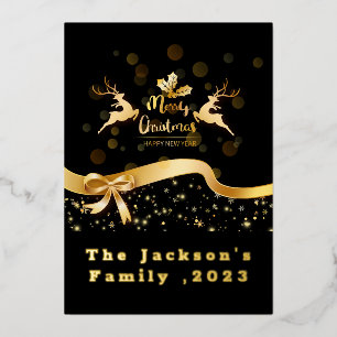 Vintage Merry Christmas Santa Sleigh Reindeer Foil Holiday Card