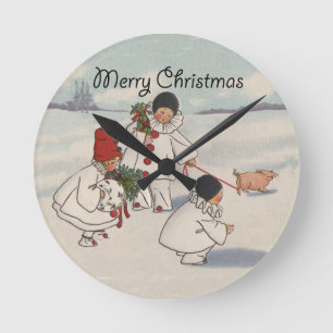 Vintage Merry Christmas Snow Children Artwork Round Clock