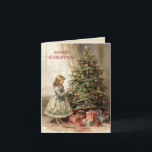 Vintage Merry Christmas Tree Girl Gifts Holiday Card<br><div class="desc">Folded holiday greeting card with a vintage painting of a girl decorating a Christmas tree with wrapped gifts underneath. Text says, "Merry Christmas" but is customisable for your own greeting. Personalised on the back with your message and name. Contact me for assistance with your customisation or to request additional matching...</div>
