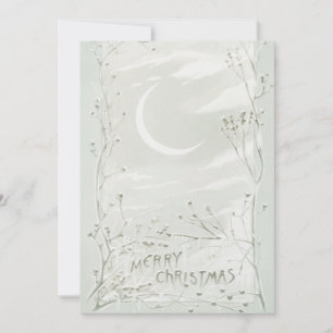 Vintage Merry Christmas Tree Moon Sky Snow Holiday Card