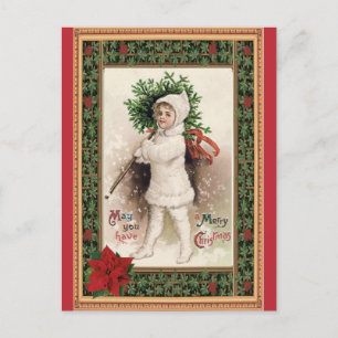 Vintage Merry Christmas Victorian Child Poinsettia Postcard