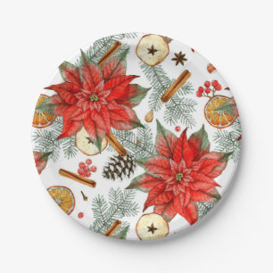 Vintage Merry Christmas Watercolor Red Poinsettia  Paper Plate