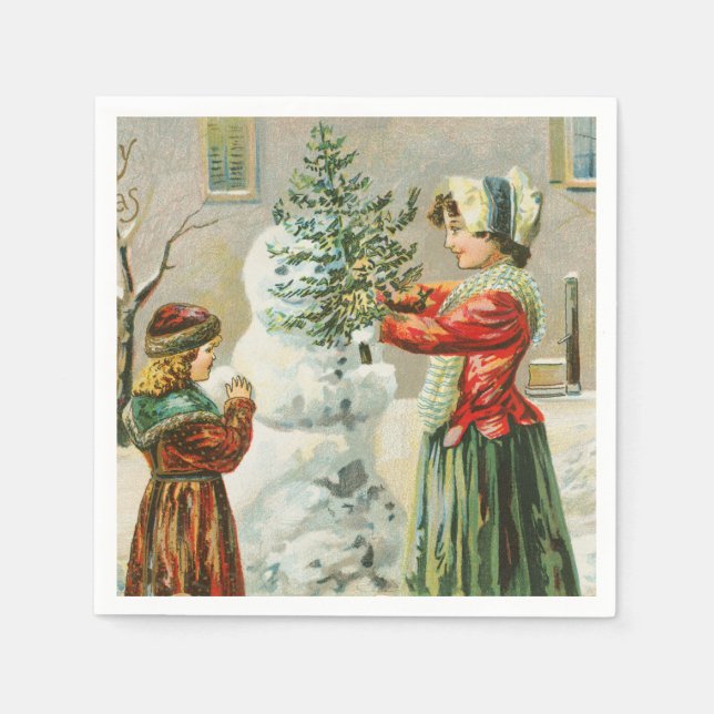 Vintage Merry Christmas Winter Snowman Napkin (Front)