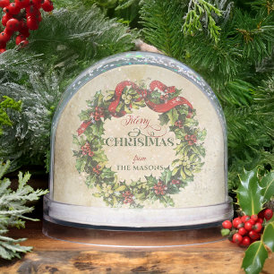 Vintage Merry Christmas Wreath Photo Snow Globe