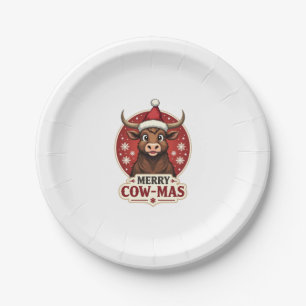Vintage Merry Cow-Mas Highland Cow Christmas Carto Paper Plate