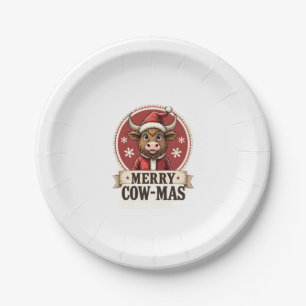 Vintage Merry Cow-Mas Highland Cow Christmas Carto Paper Plate