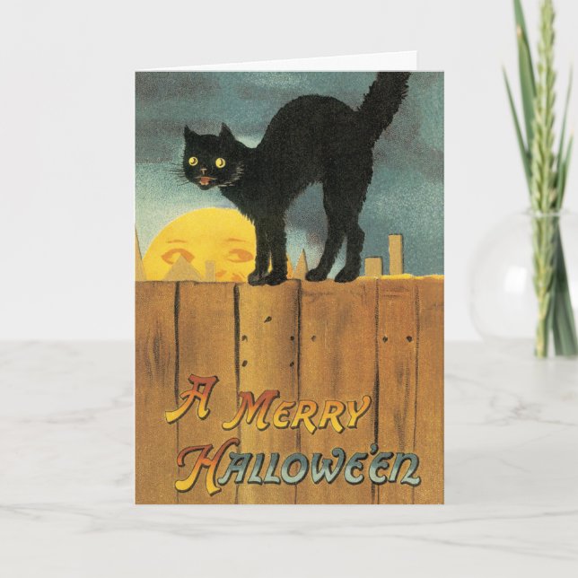 Vintage Merry Halloween Cat by Ellen Clapsaddle Card (Front)