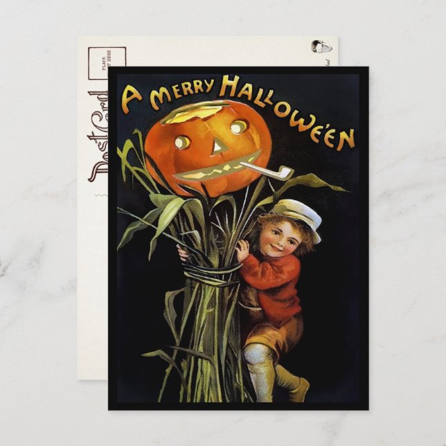 Vintage Merry Halloween Pumpkin Girl Postcard (Front/Back)