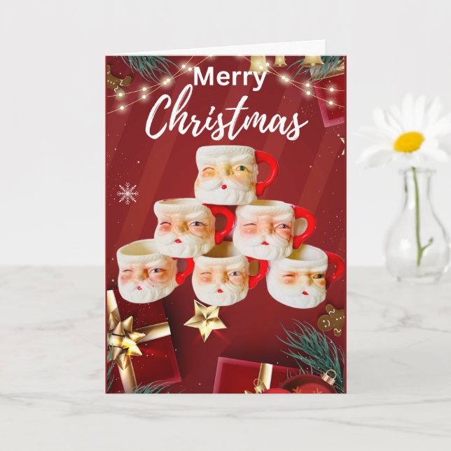 Vintage Merry Santa Mugs Christmas Card (Small Plant)