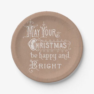 Vintage Message White on Kraft Christmas Paper Plate