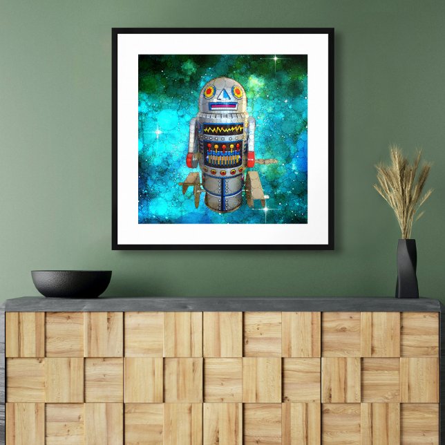 Vintage metal toy robot turquoise galaxy retro poster (Creator Uploaded)